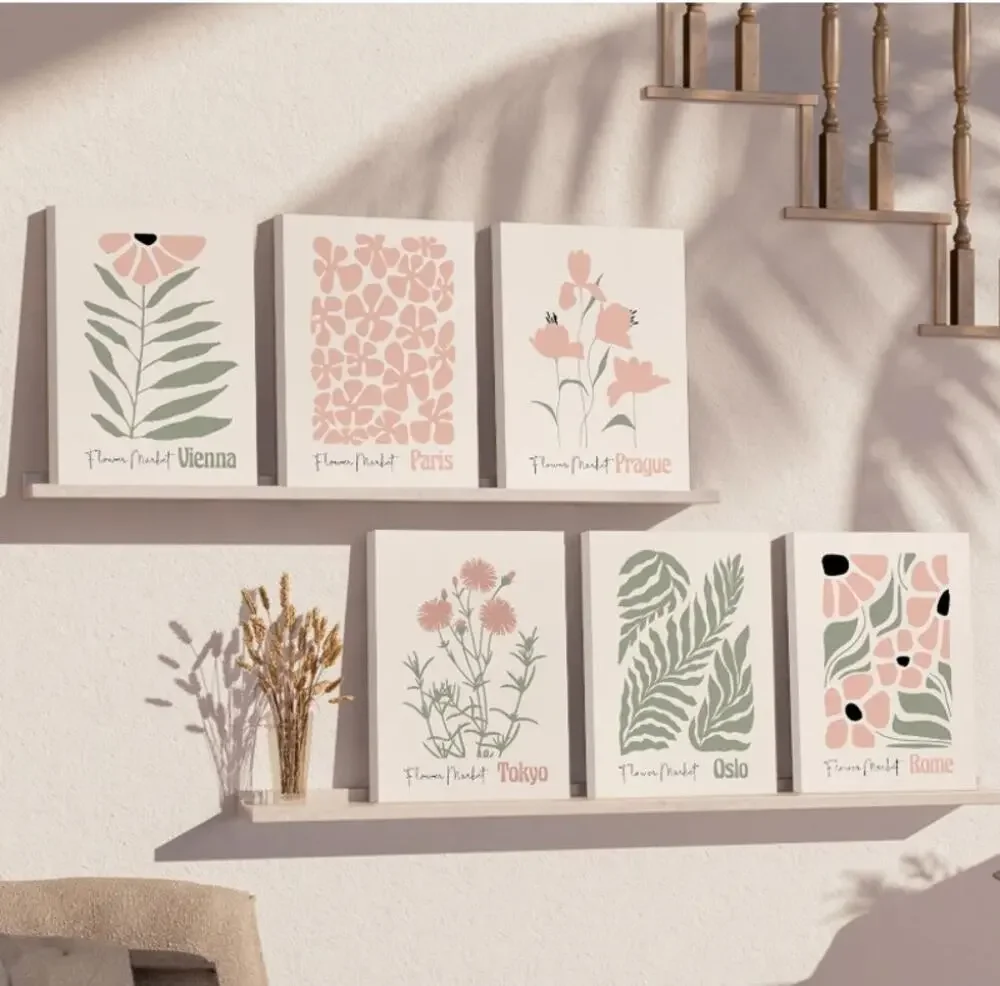 Baccone Boho Botanical Floral Wall Art 6-Piece Canvas Set 12x16 Blush Pink